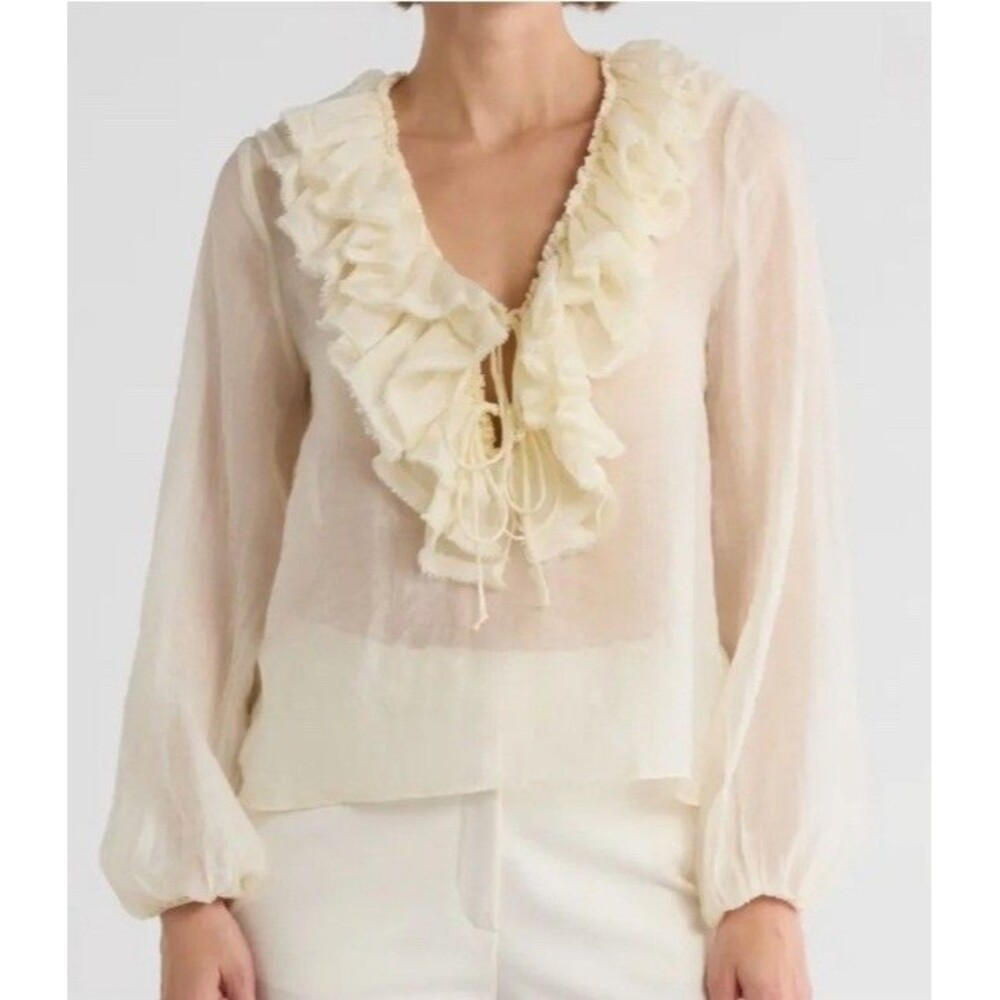 NWT Jason Wu Cream Ruffle Sheer Chiffon Blouse Romantic Tie Front Size XS